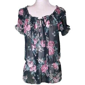 Women Boho Floral Peasant Sheer Blouse Black Pink Rose Print Smocked Size Small